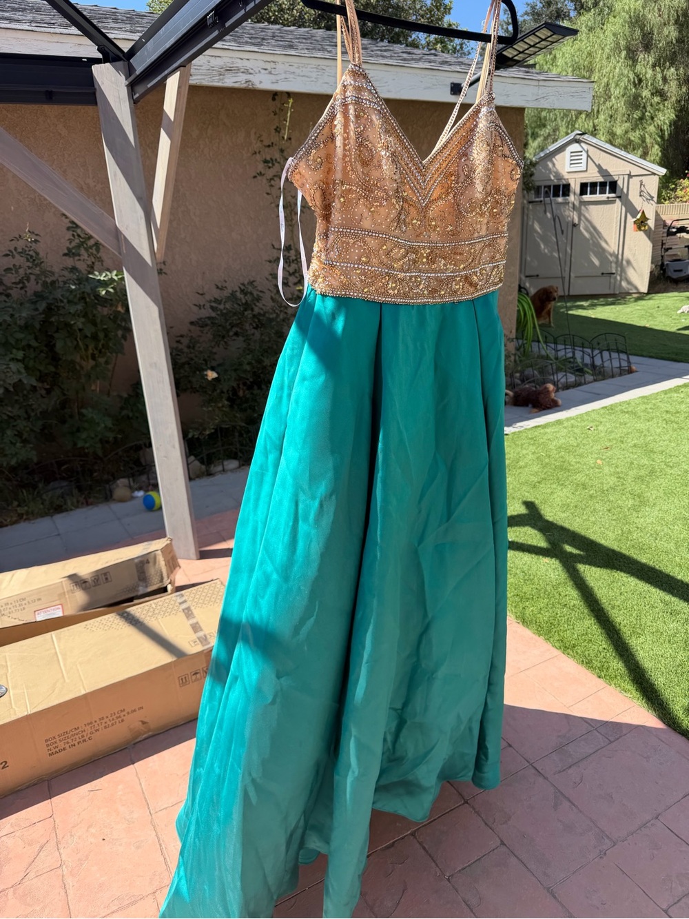 Camille La Vie Teal Dress with Gold Beaded Bodice